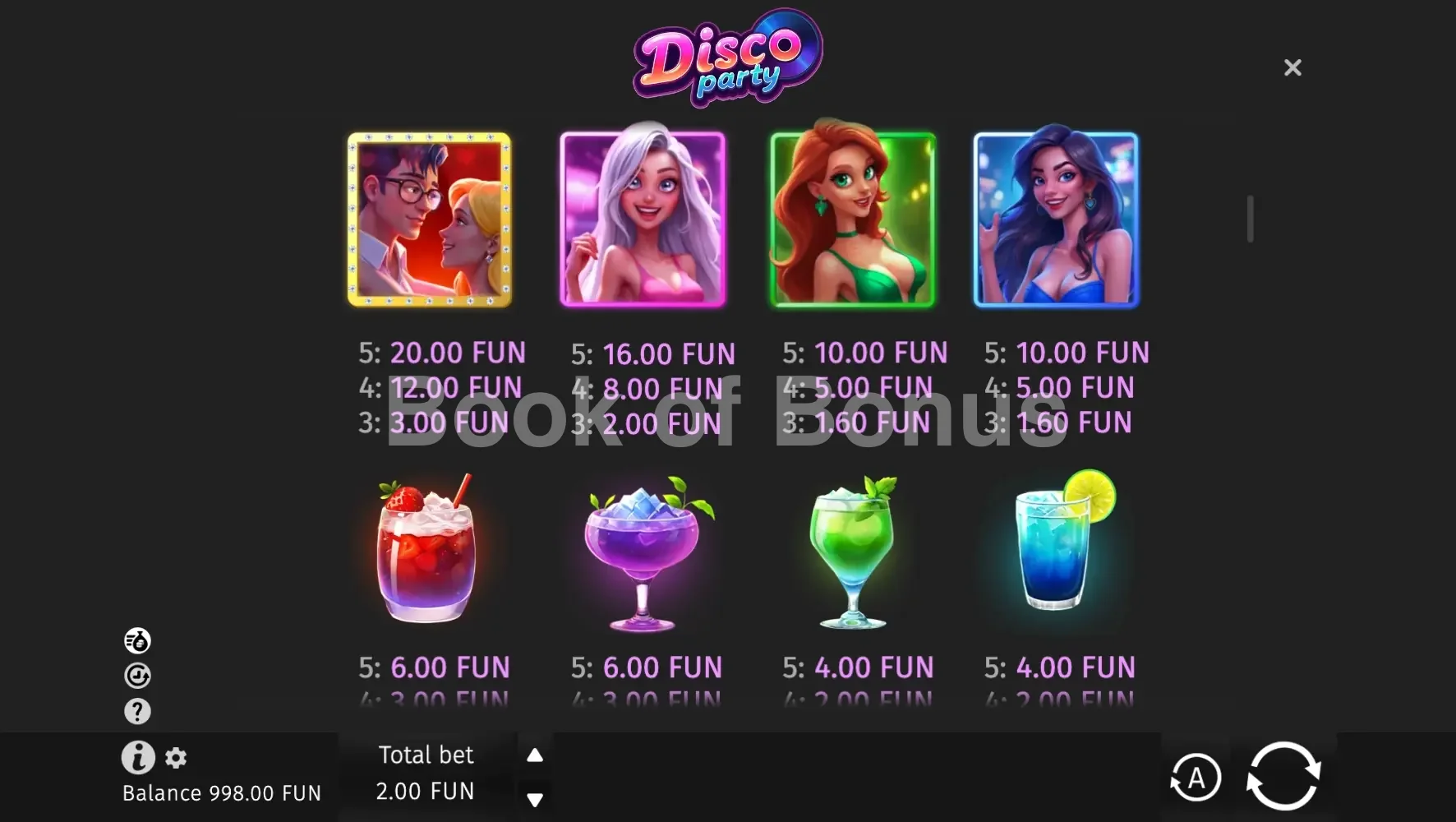 Disco Party par BGaming - table des gains et valeurs des symboles