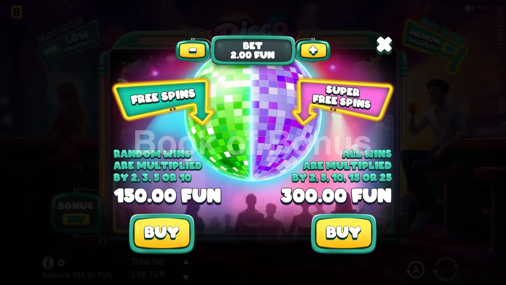 Disco Party par BGaming - menu d'achat de bonus et options