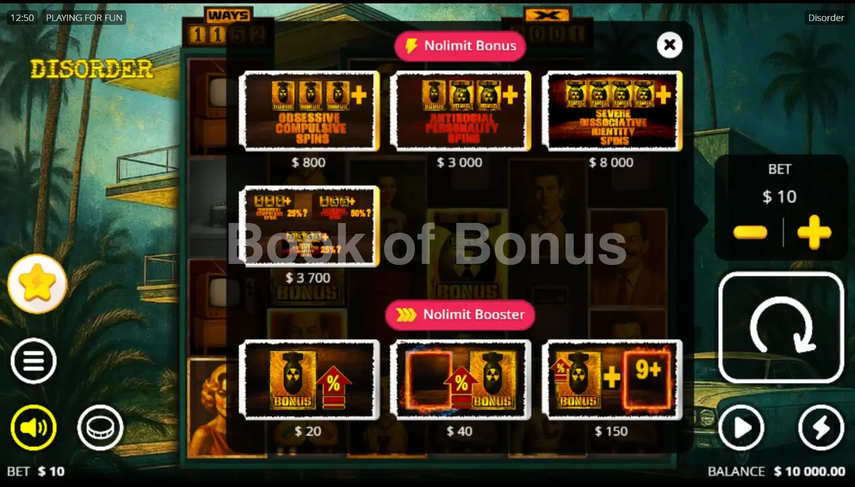Disorder par Nolimit City - menu d'achat de bonus et options