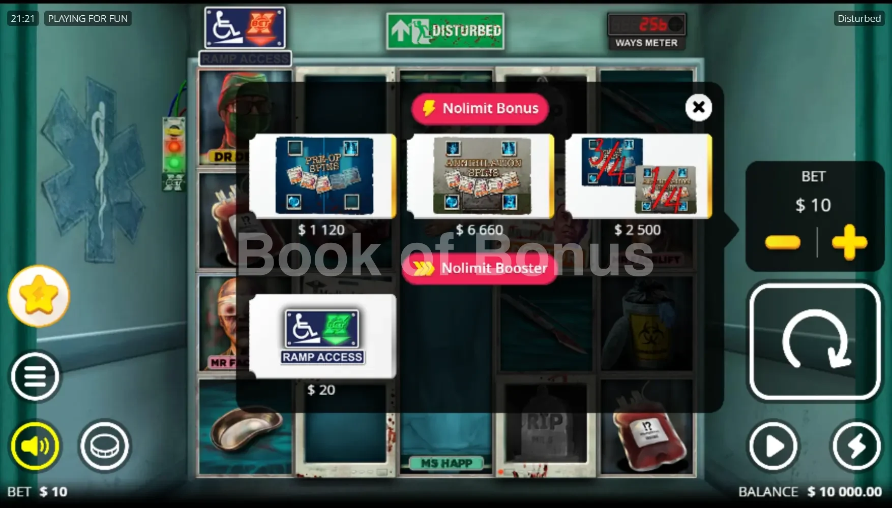 Disturbed par Nolimit City - menu d'achat de bonus et options