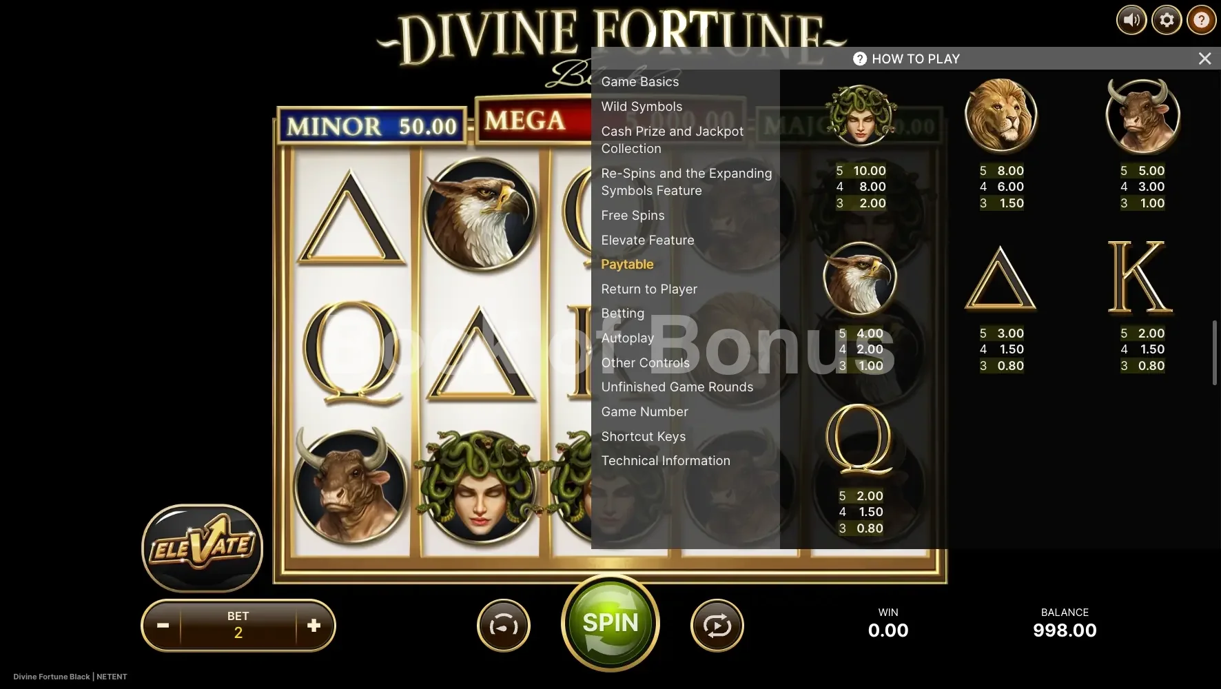 Divine Fortune Black par NetEnt - table des gains et valeurs des symboles