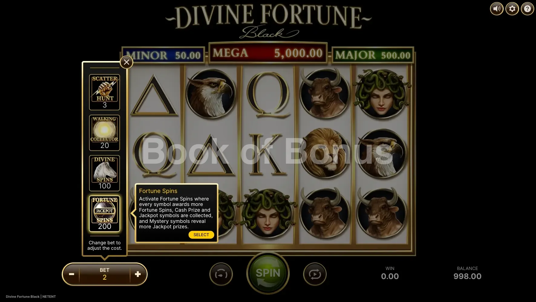 Divine Fortune Black par NetEnt - menu d'achat de bonus et options