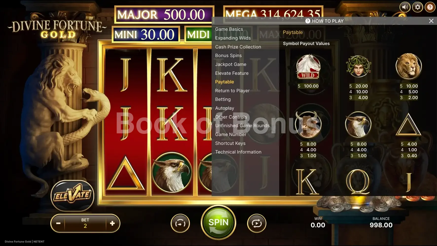 Divine Fortune Gold par NetEnt - table des gains et valeurs des symboles