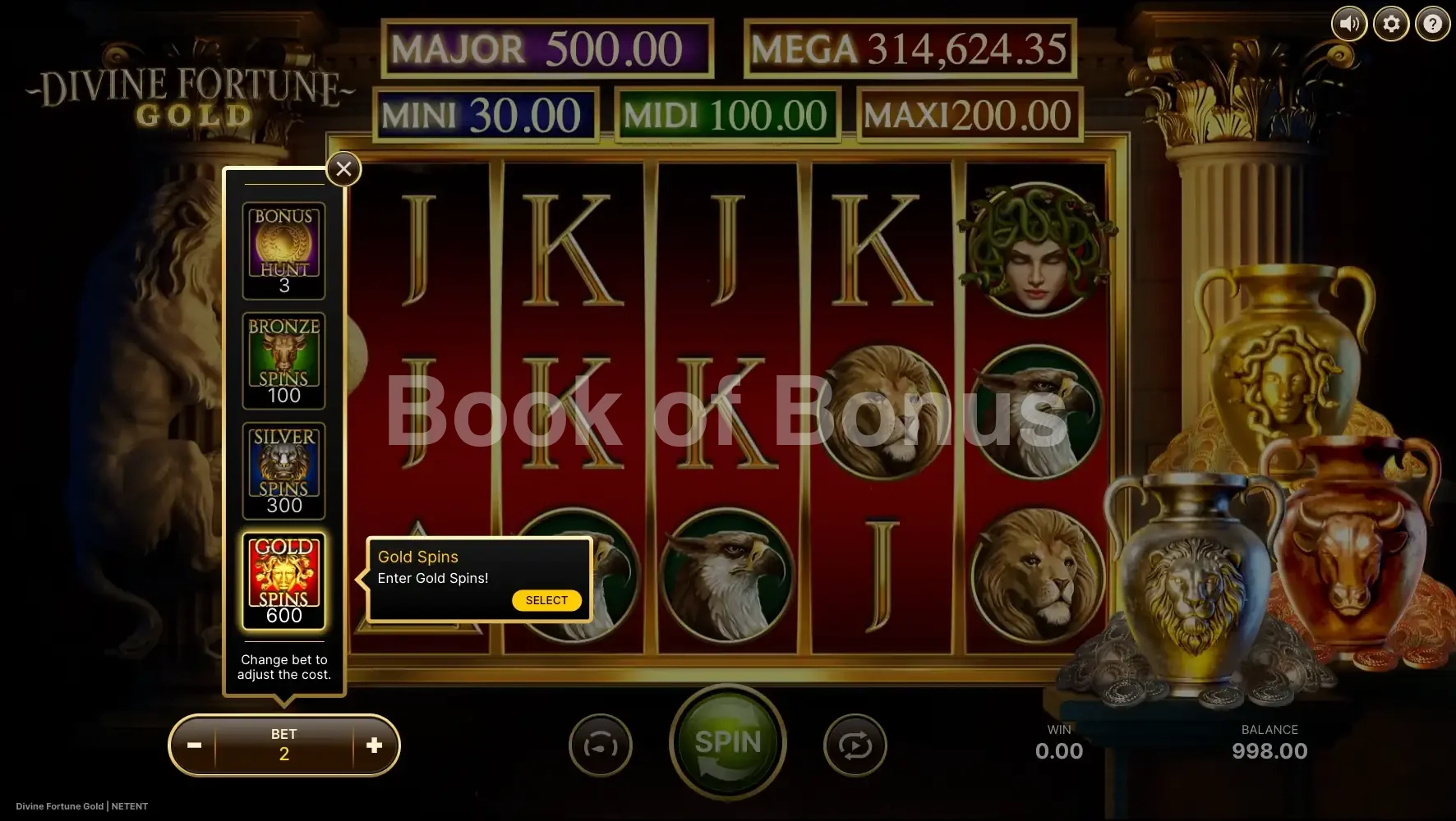 Divine Fortune Gold par NetEnt - menu d'achat de bonus et options