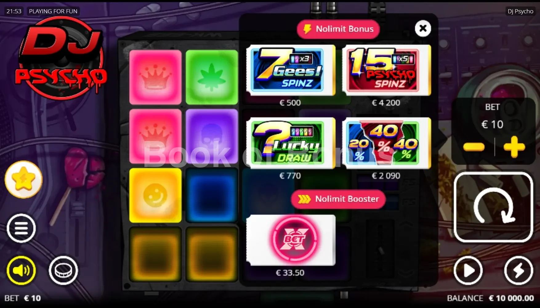 DJ Psycho par Nolimit City - menu d'achat de bonus et options