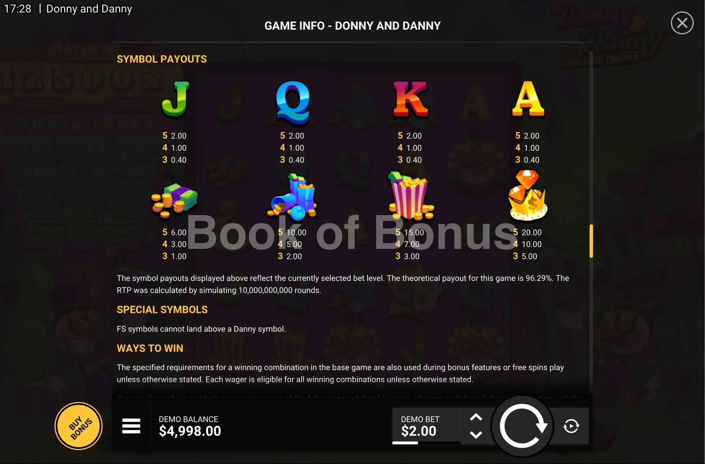 Donny And Danny par Hacksaw Gaming - table des gains et valeurs des symboles