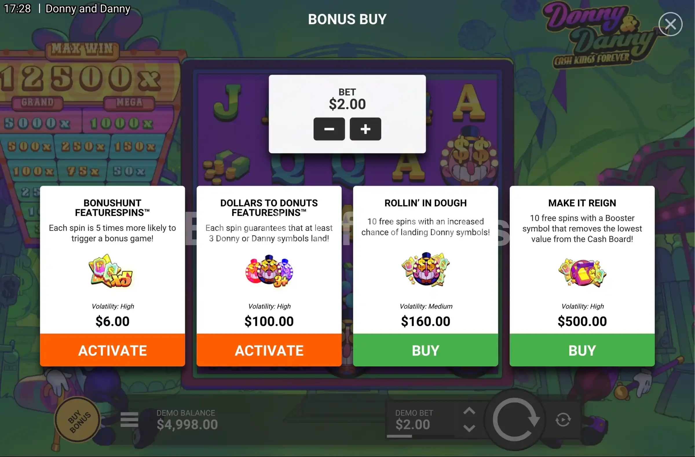 Donny And Danny par Hacksaw Gaming - menu d'achat de bonus et options