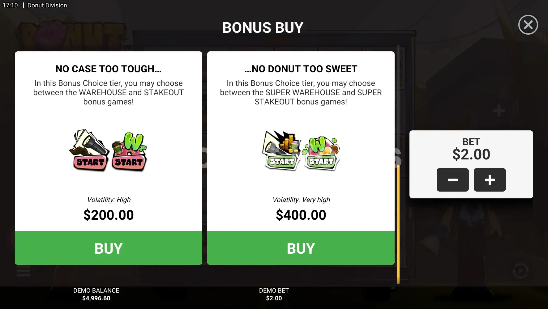 Donut Division par Hacksaw Gaming - menu d'achat de bonus et options