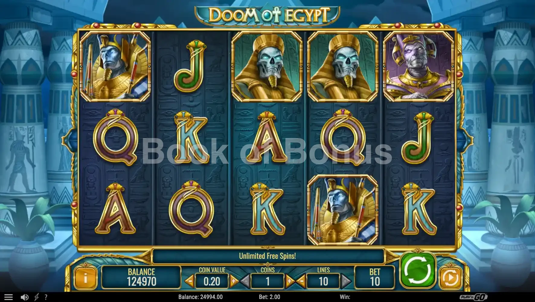 Doom of Egypt par Play'n GO - jeu de base et disposition des rouleaux