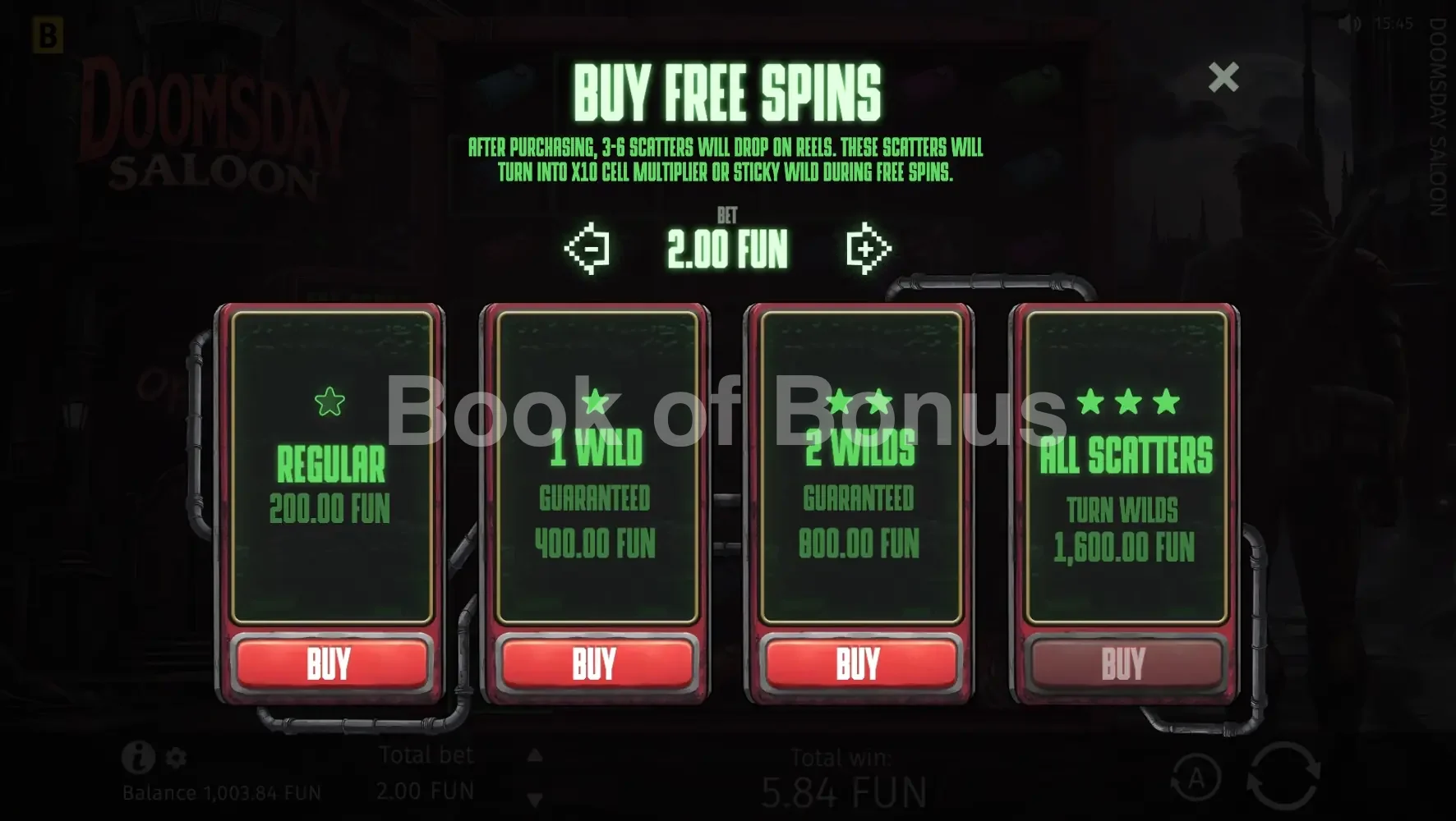 Doomsday Saloon par BGaming - menu d'achat de bonus et options