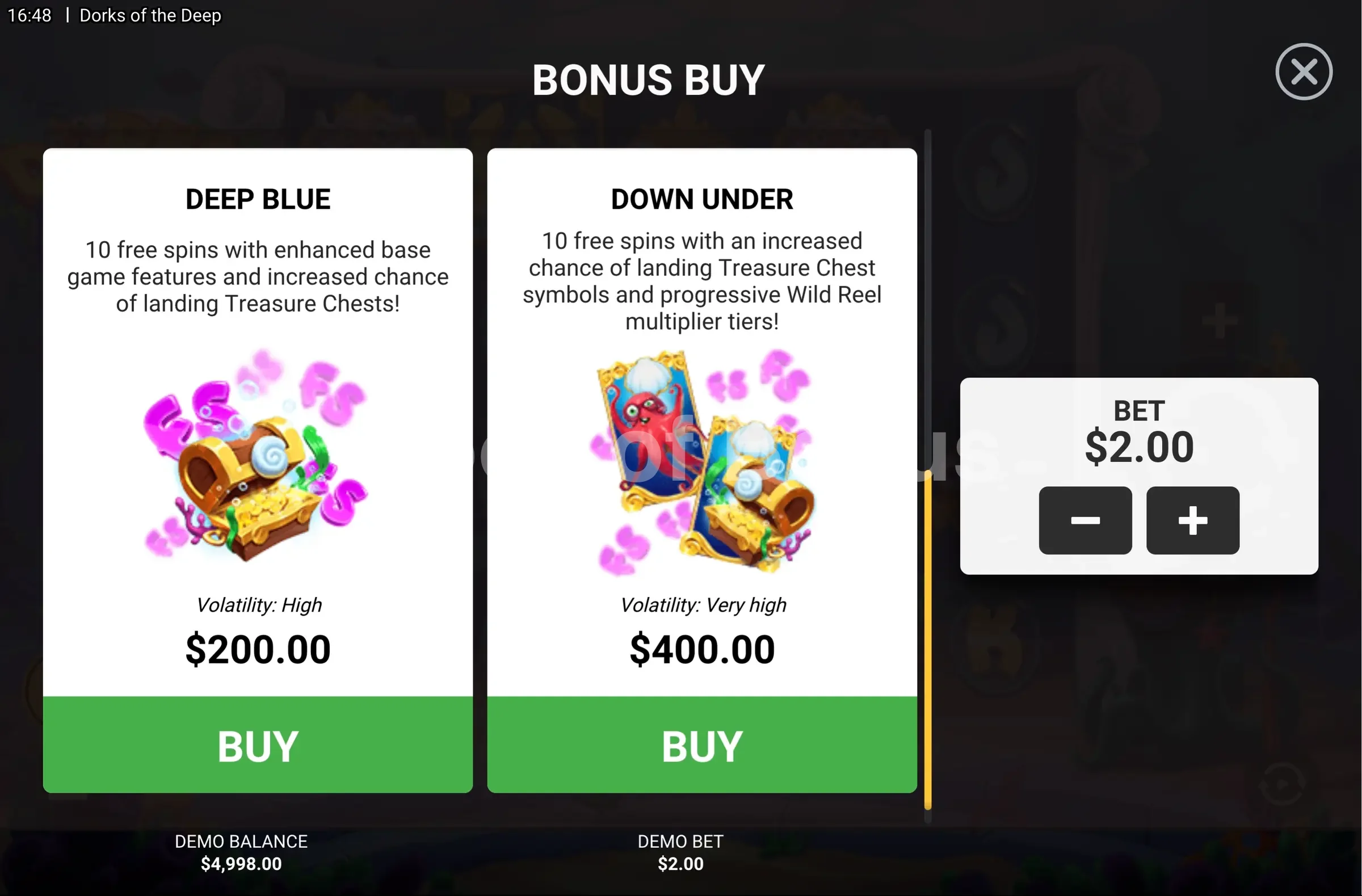 Dorks of the Deep par Hacksaw Gaming - menu d'achat de bonus et options