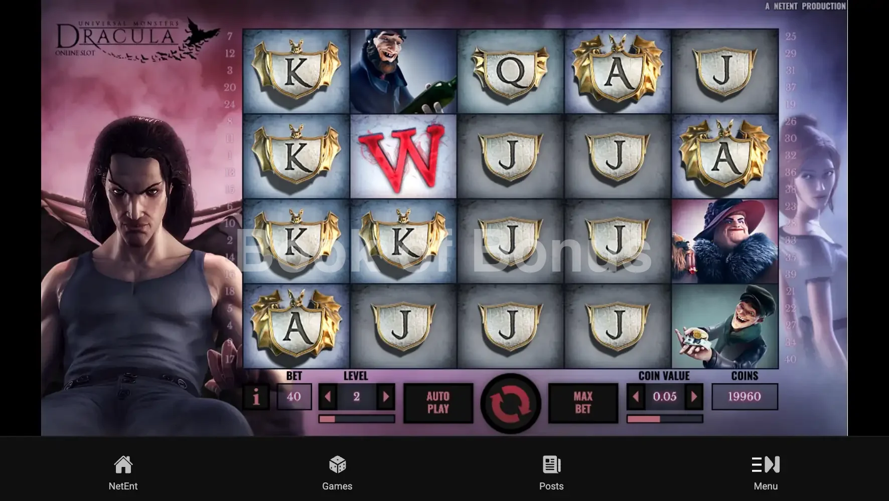 Dracula par NetEnt - jeu de base et disposition des rouleaux