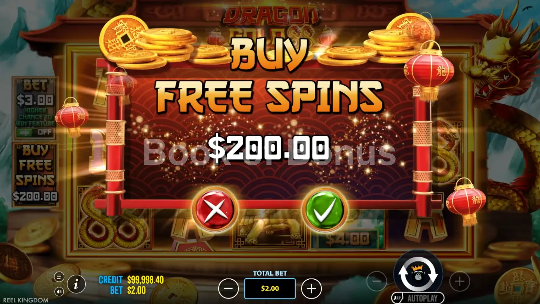 Dragon Gold 88 par Reel Kingdom - menu d'achat de bonus et options