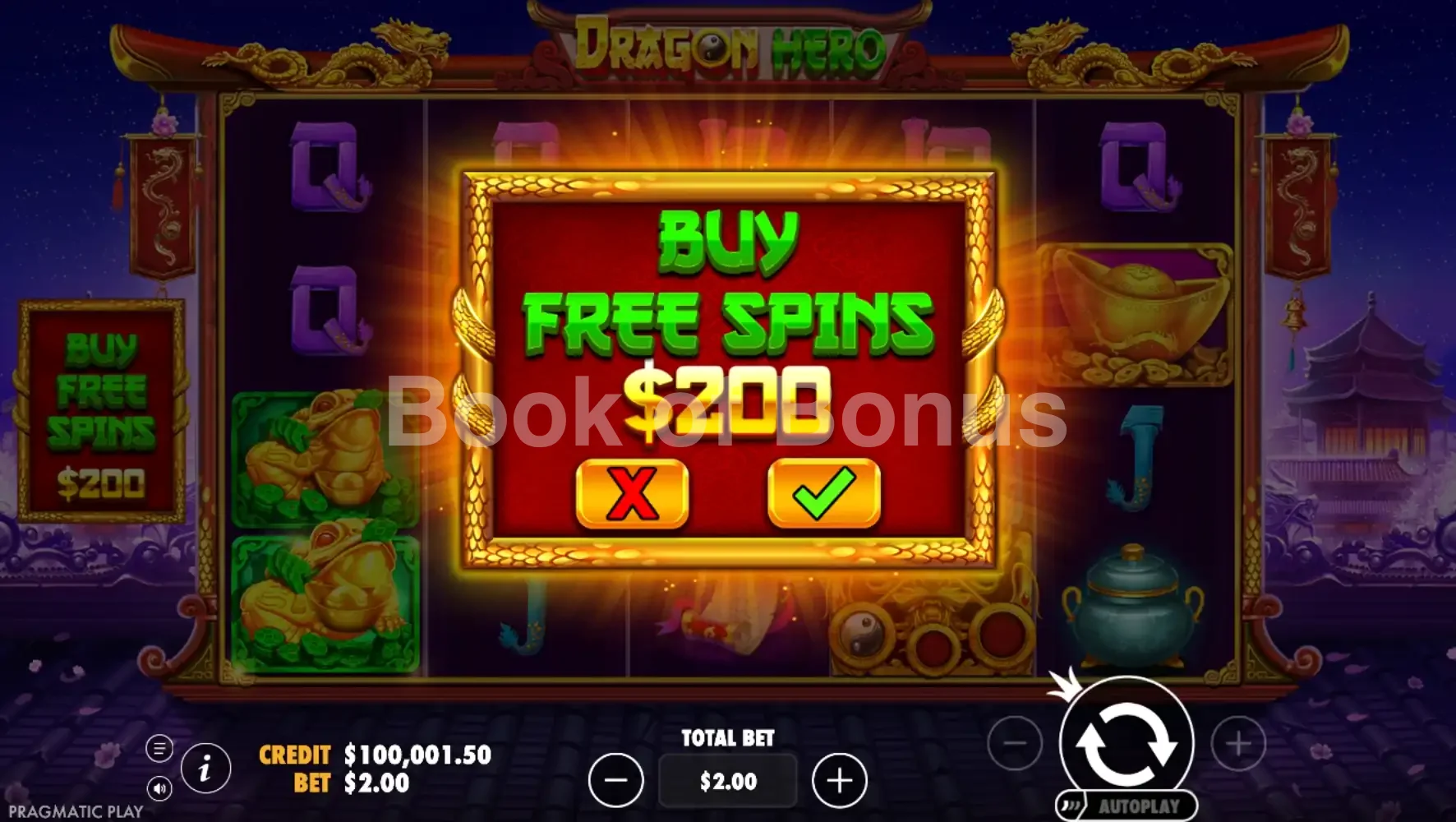 Dragon Hero par Pragmatic Play - menu d'achat de bonus et options
