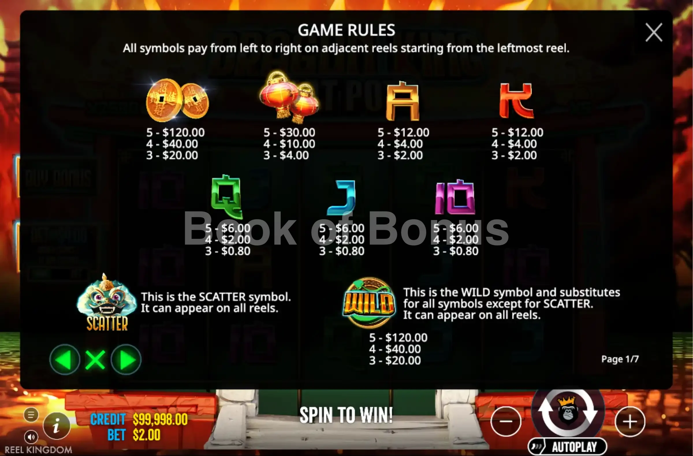 Dragon King Hot Pots par Reel Kingdom - table des gains et valeurs des symboles
