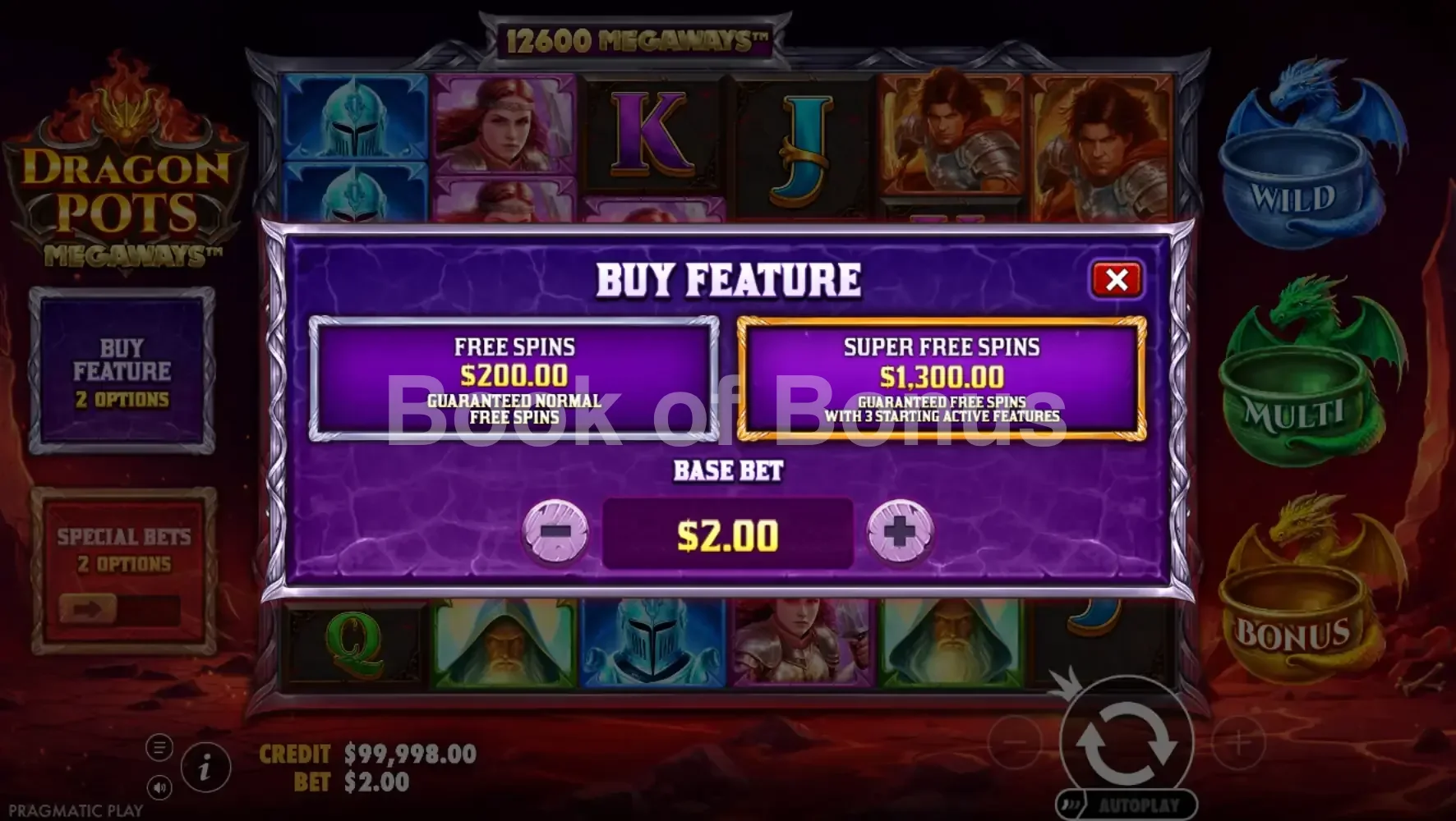 Dragon Pots Megaways par Pragmatic Play - menu d'achat de bonus et options