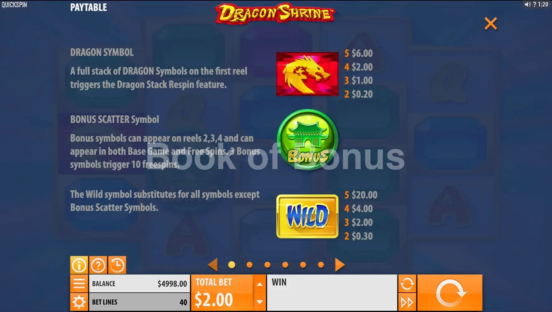 Dragon Shrine par Quickspin - table des gains et valeurs des symboles