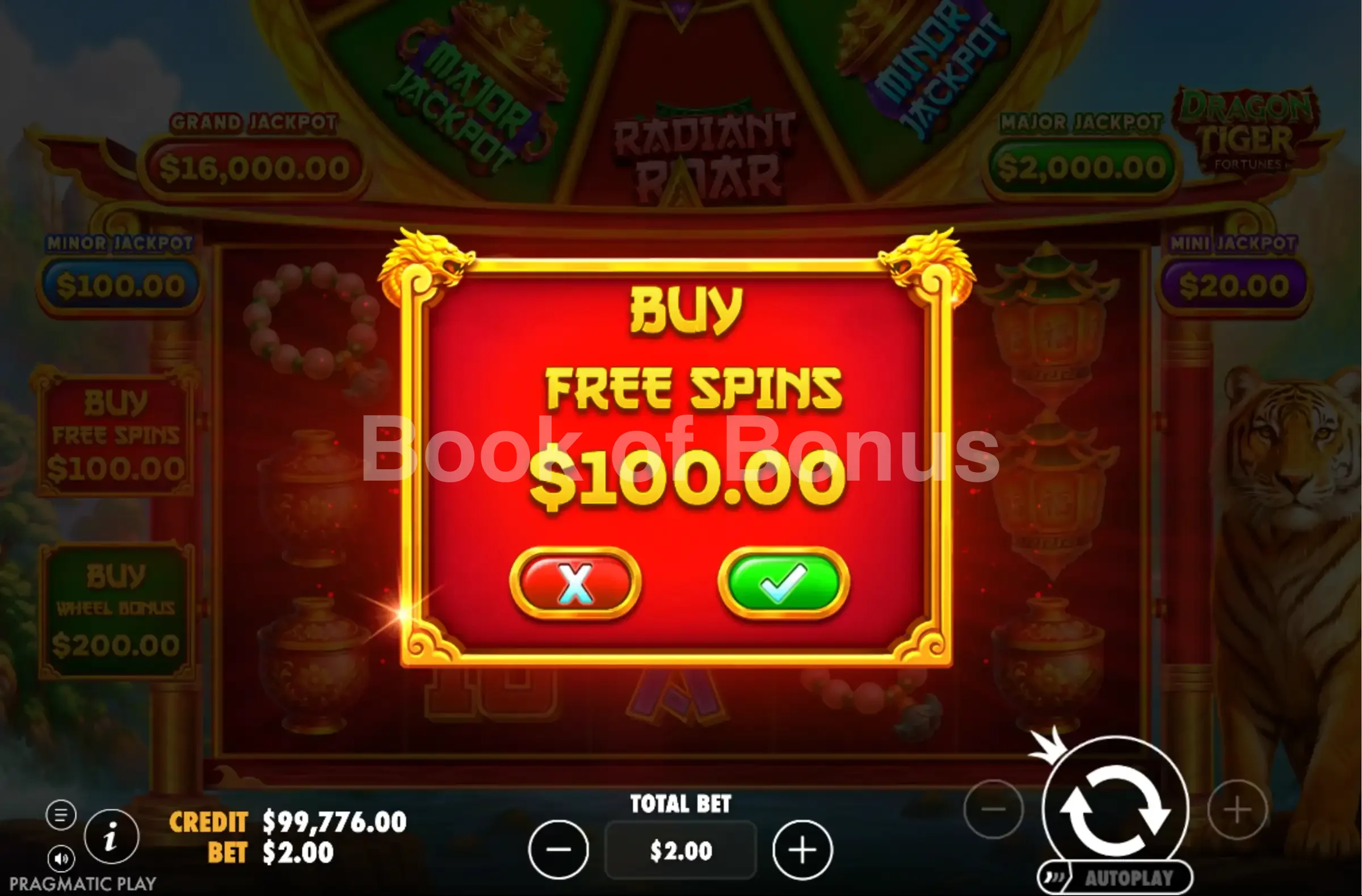 Dragon Tiger Fortunes par Pragmatic Play - menu d'achat de bonus et options