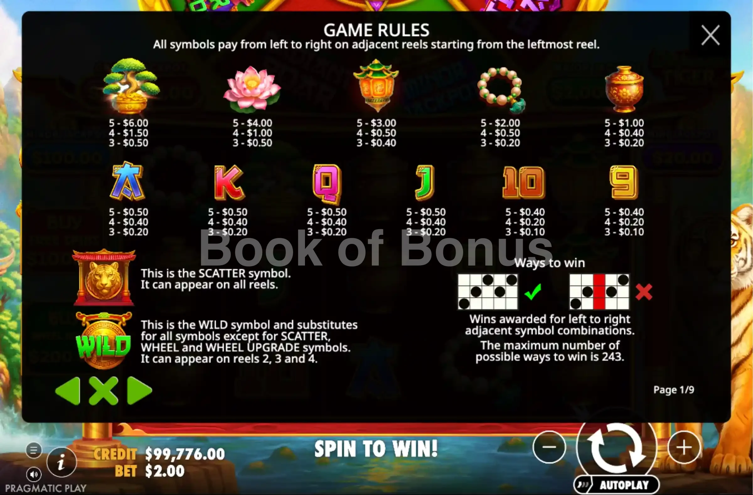 Dragon Tiger Fortunes par Pragmatic Play - table des gains et valeurs des symboles
