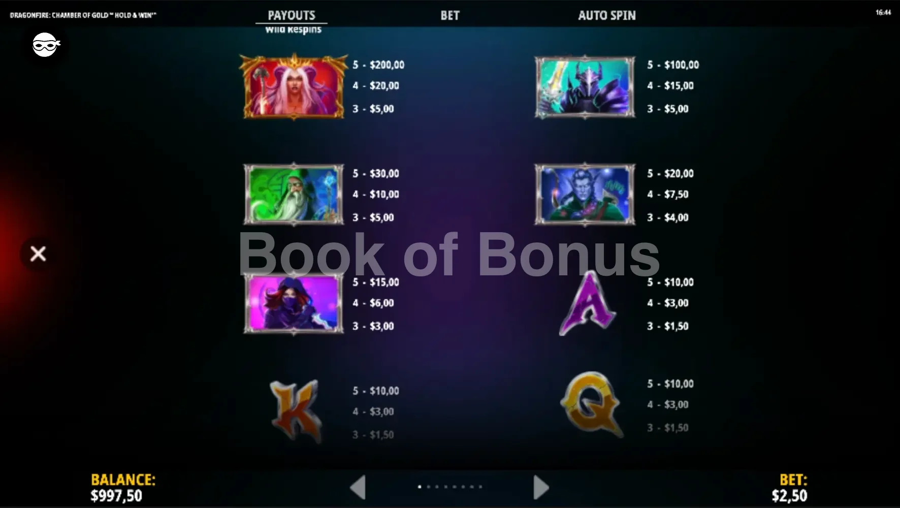Dragonfire Chamber of Gold par iSoftBet - table des gains et valeurs des symboles