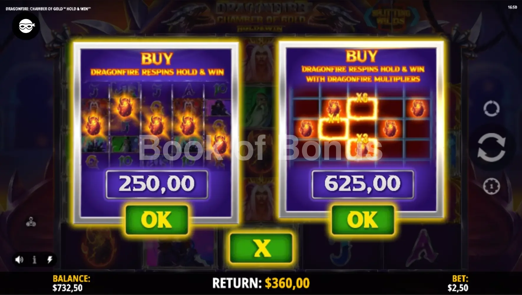 Dragonfire Chamber of Gold par iSoftBet - menu d'achat de bonus et options