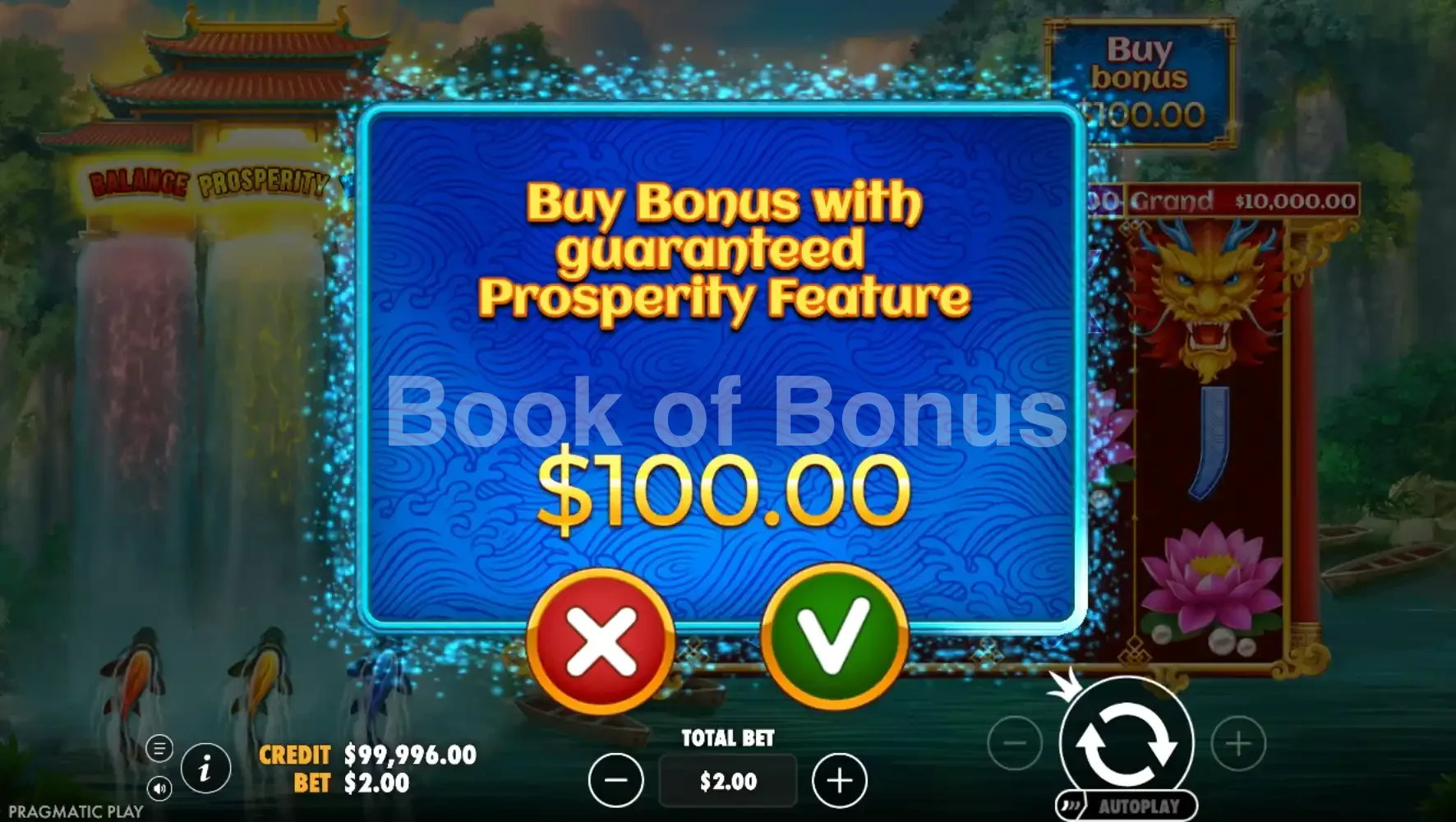 Dragon’s Gate Bonus Choice par Pragmatic Play - menu d'achat de bonus et options