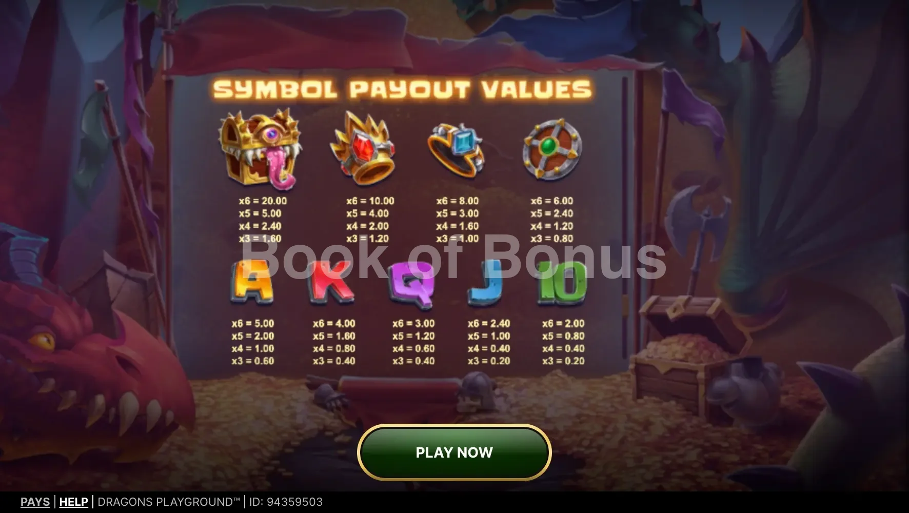 Dragons Playground par NetEnt - table des gains et valeurs des symboles