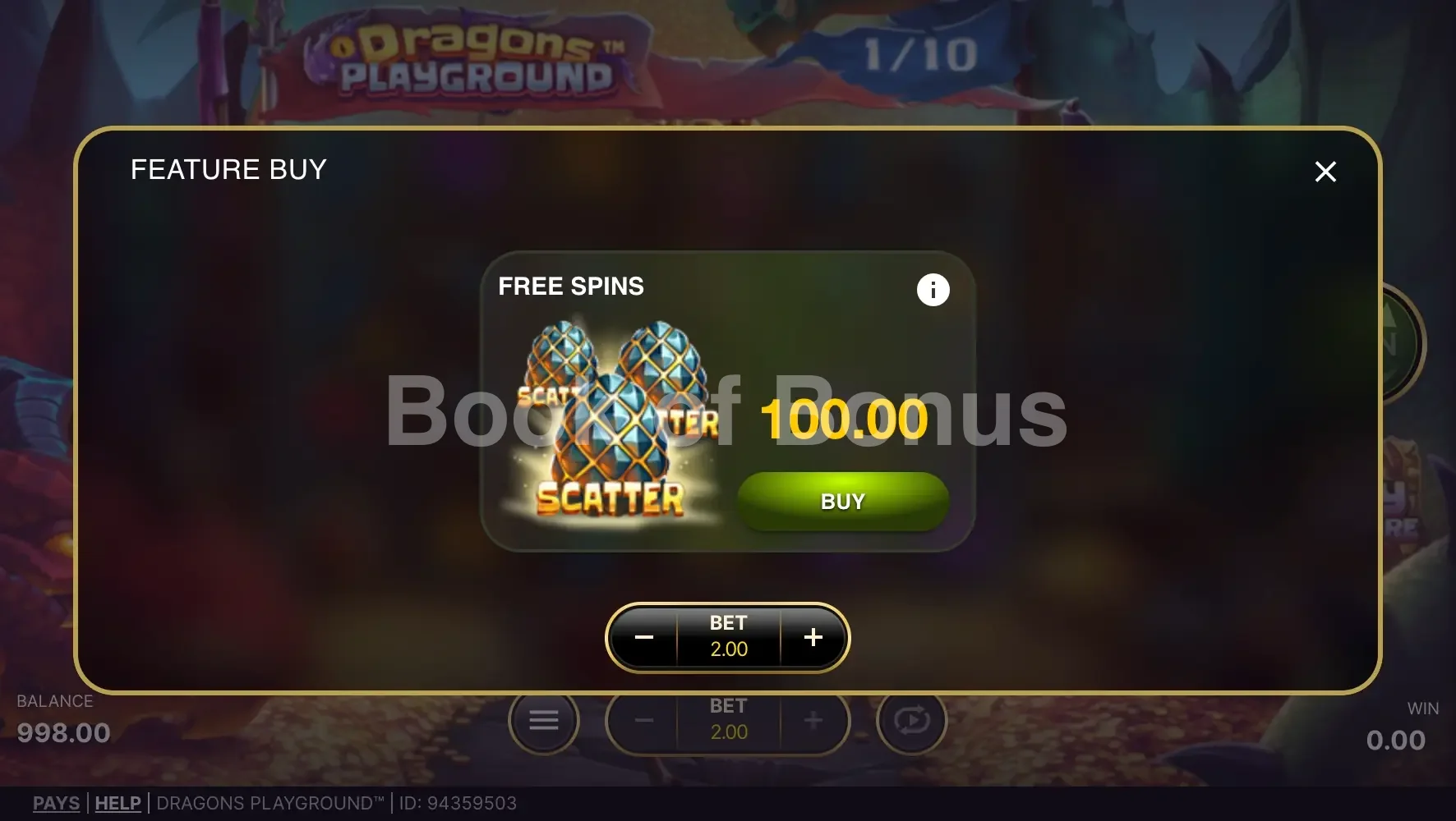 Dragons Playground par NetEnt - menu d'achat de bonus et options