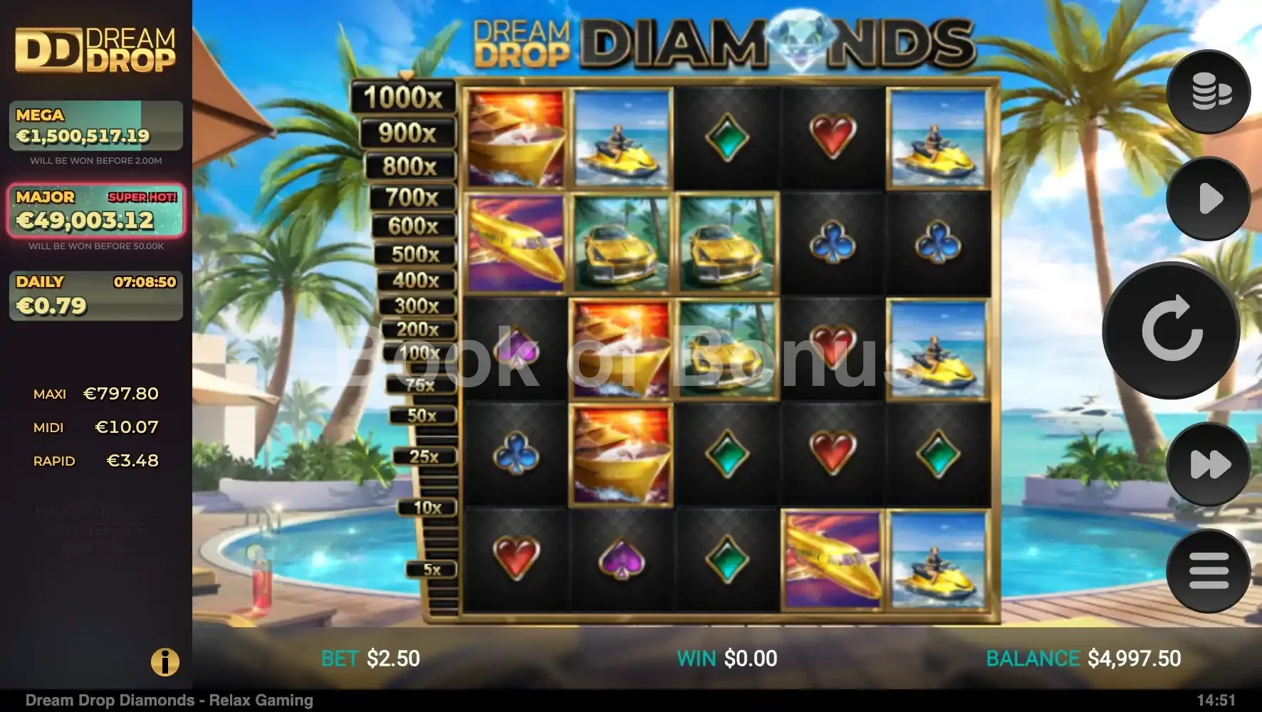 Dream Drop Diamonds par Relax Gaming - jeu de base et disposition des rouleaux
