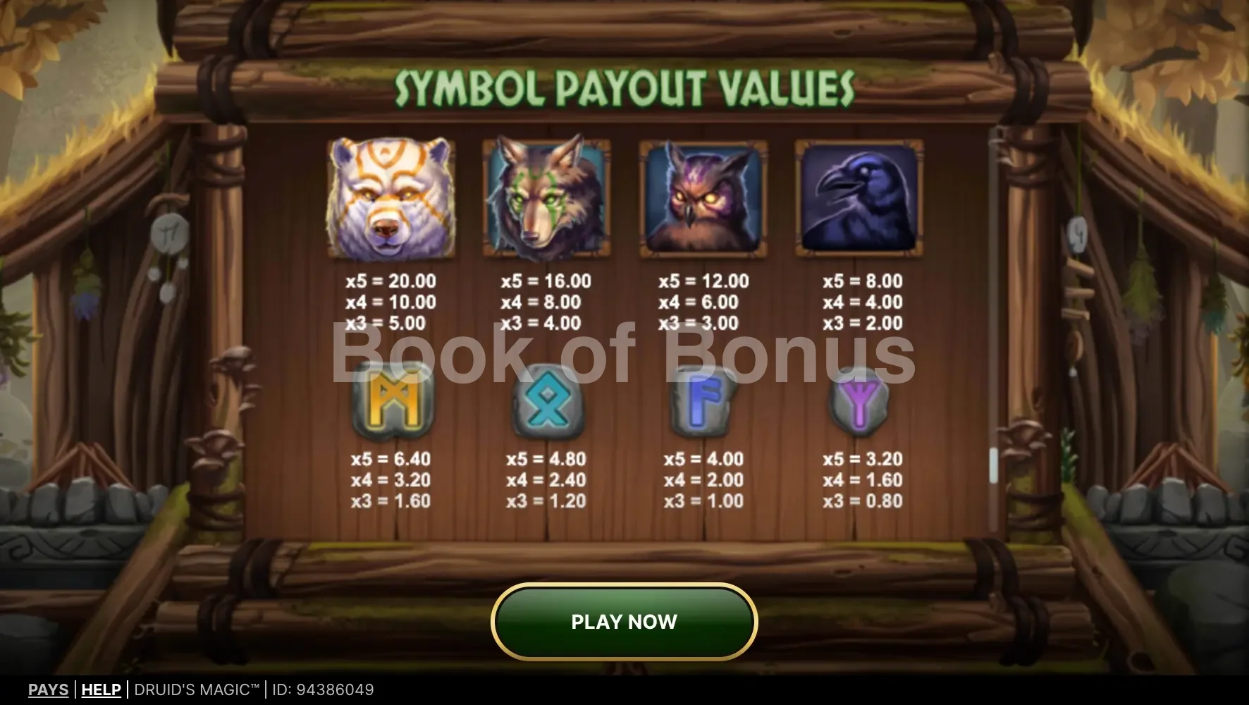 Druid's Magic par NetEnt - table des gains et valeurs des symboles