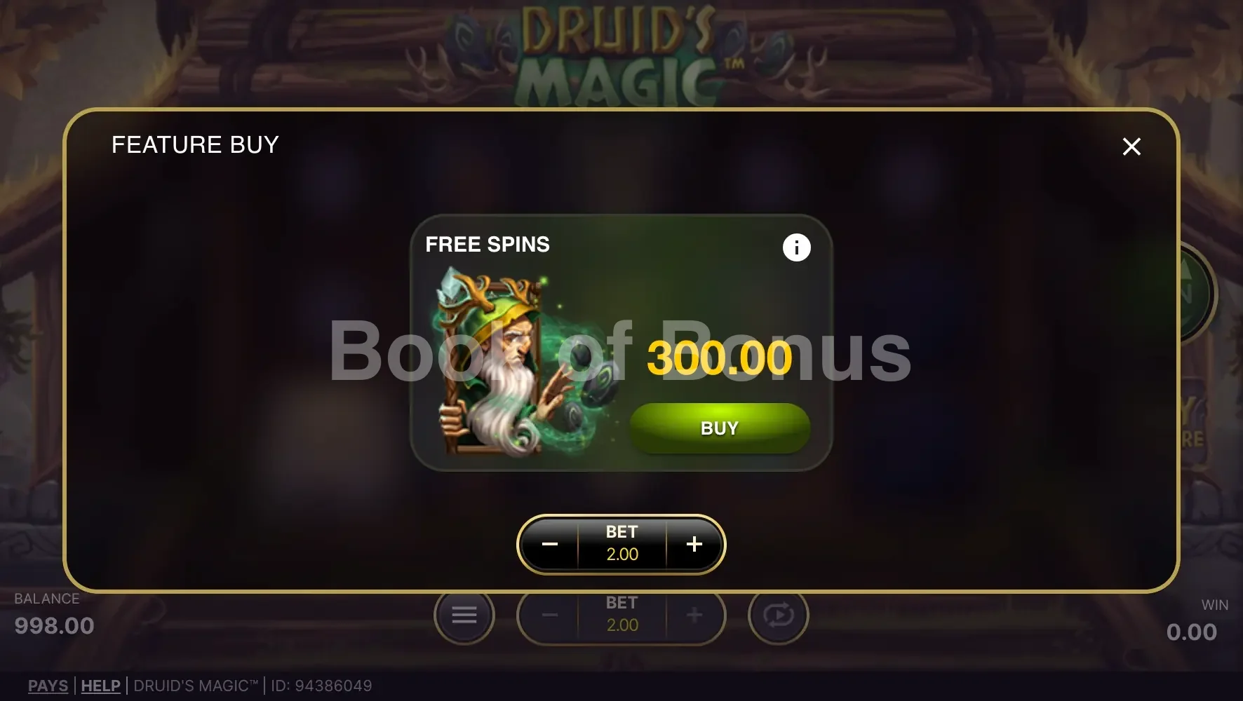 Druid's Magic par NetEnt - menu d'achat de bonus et options