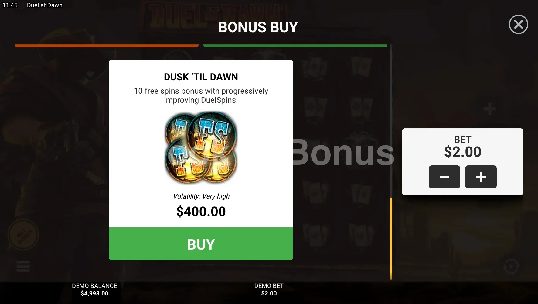 Duel At Dawn par Hacksaw Gaming - menu d'achat de bonus et options