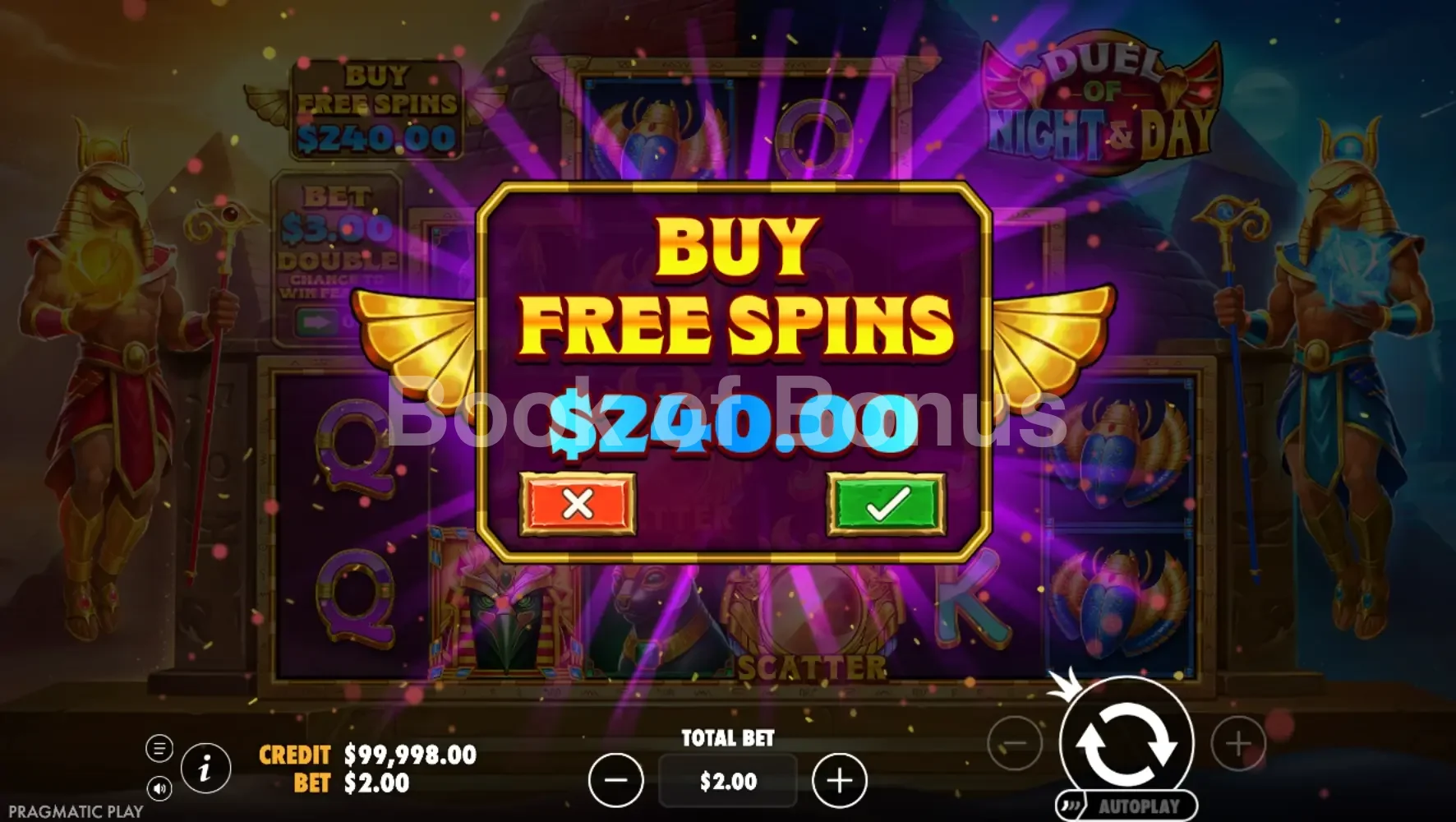 Duel of Night & Day par Pragmatic Play - menu d'achat de bonus et options
