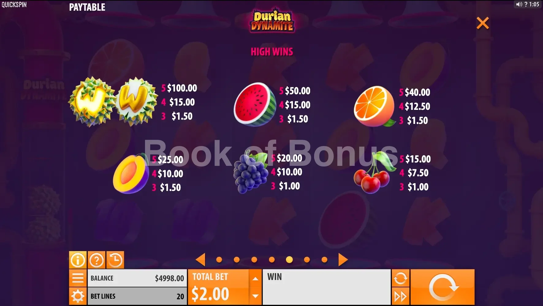 Durian Dynamite par Quickspin - table des gains et valeurs des symboles