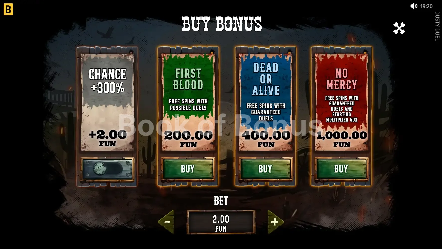 Dusty Duel par BGaming - menu d'achat de bonus et options