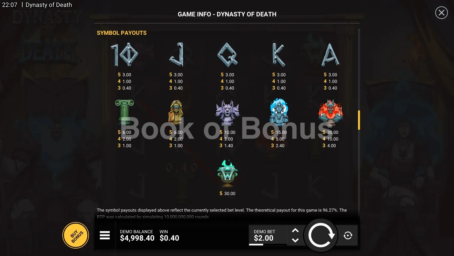 Dynasty of Death par Hacksaw Gaming - table des gains et valeurs des symboles