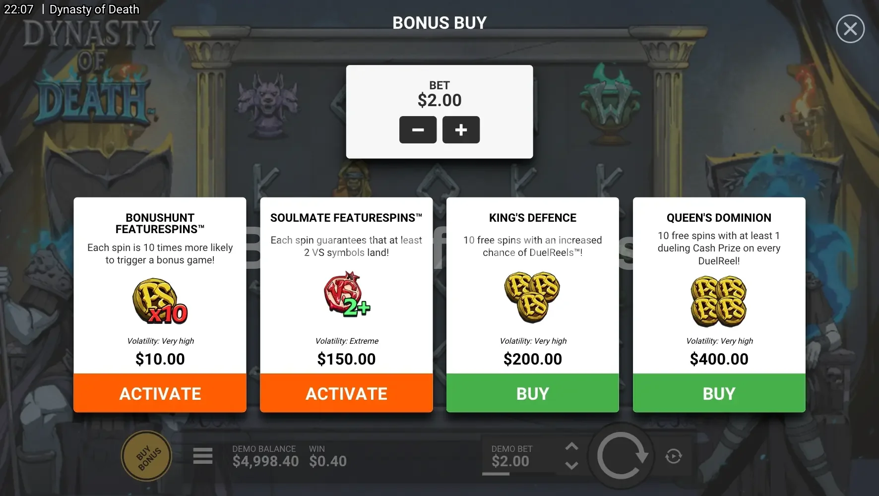 Dynasty of Death par Hacksaw Gaming - menu d'achat de bonus et options
