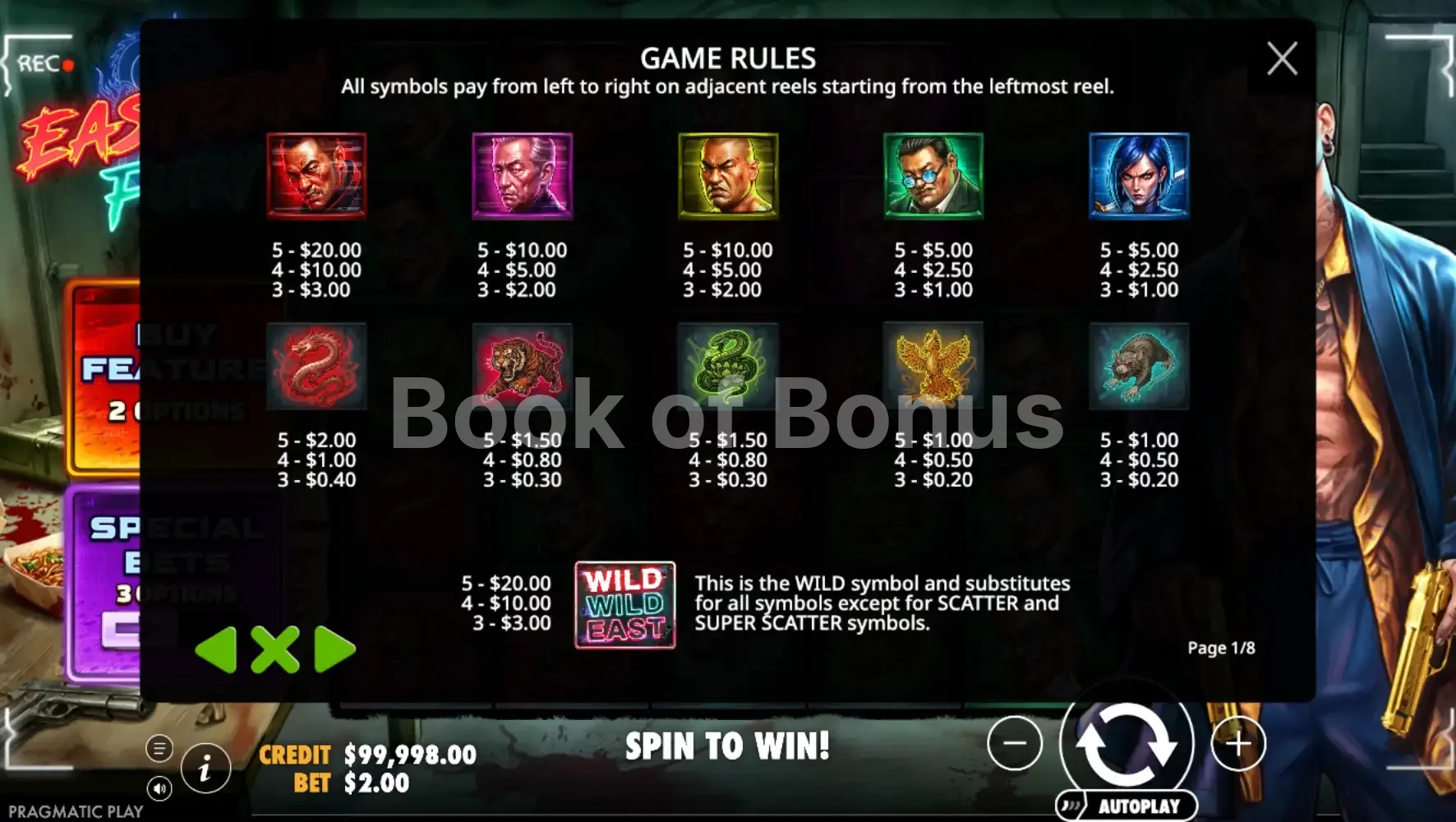 Eastern Fury par Pragmatic Play - table des gains et valeurs des symboles