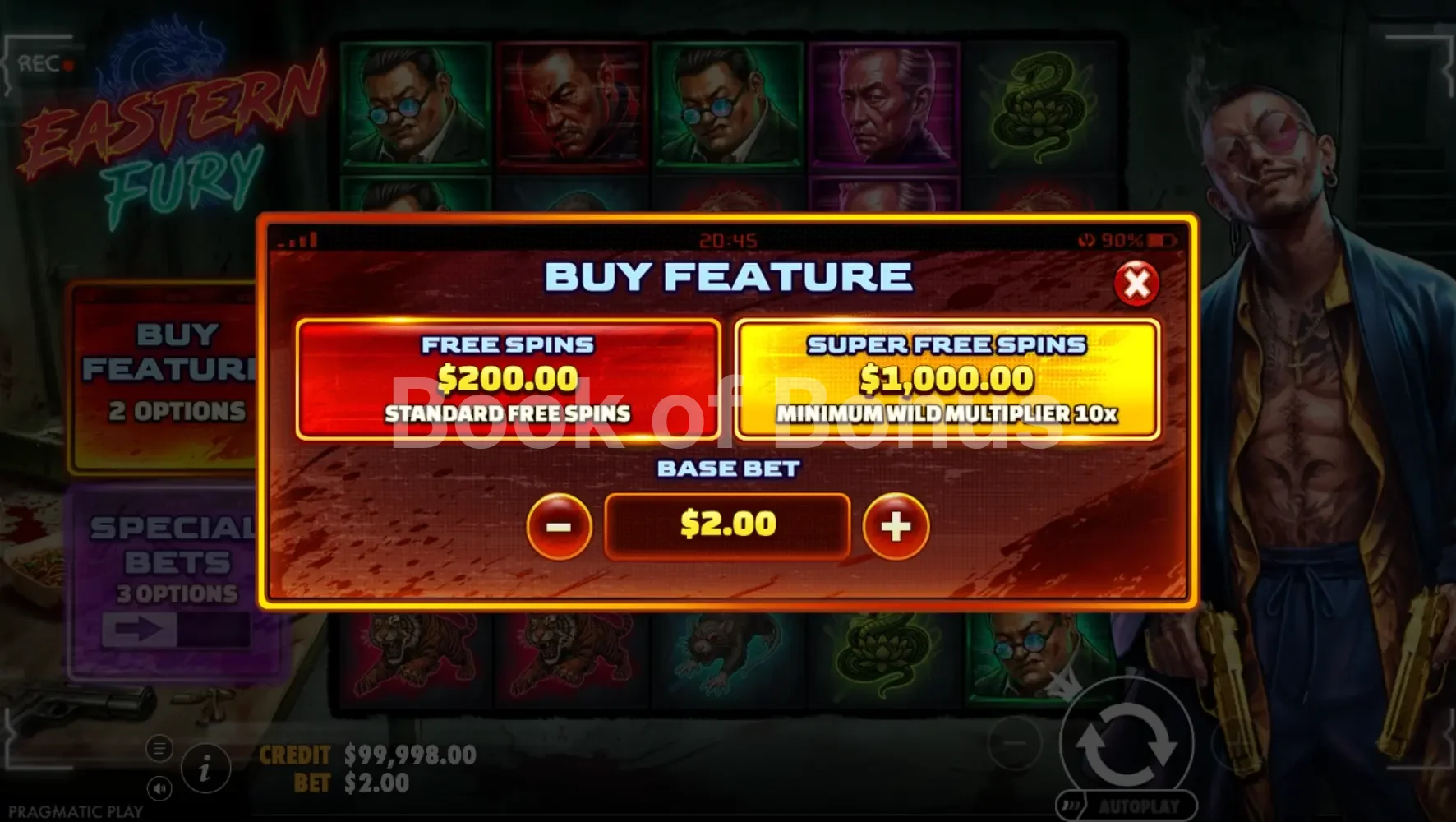 Eastern Fury par Pragmatic Play - menu d'achat de bonus et options