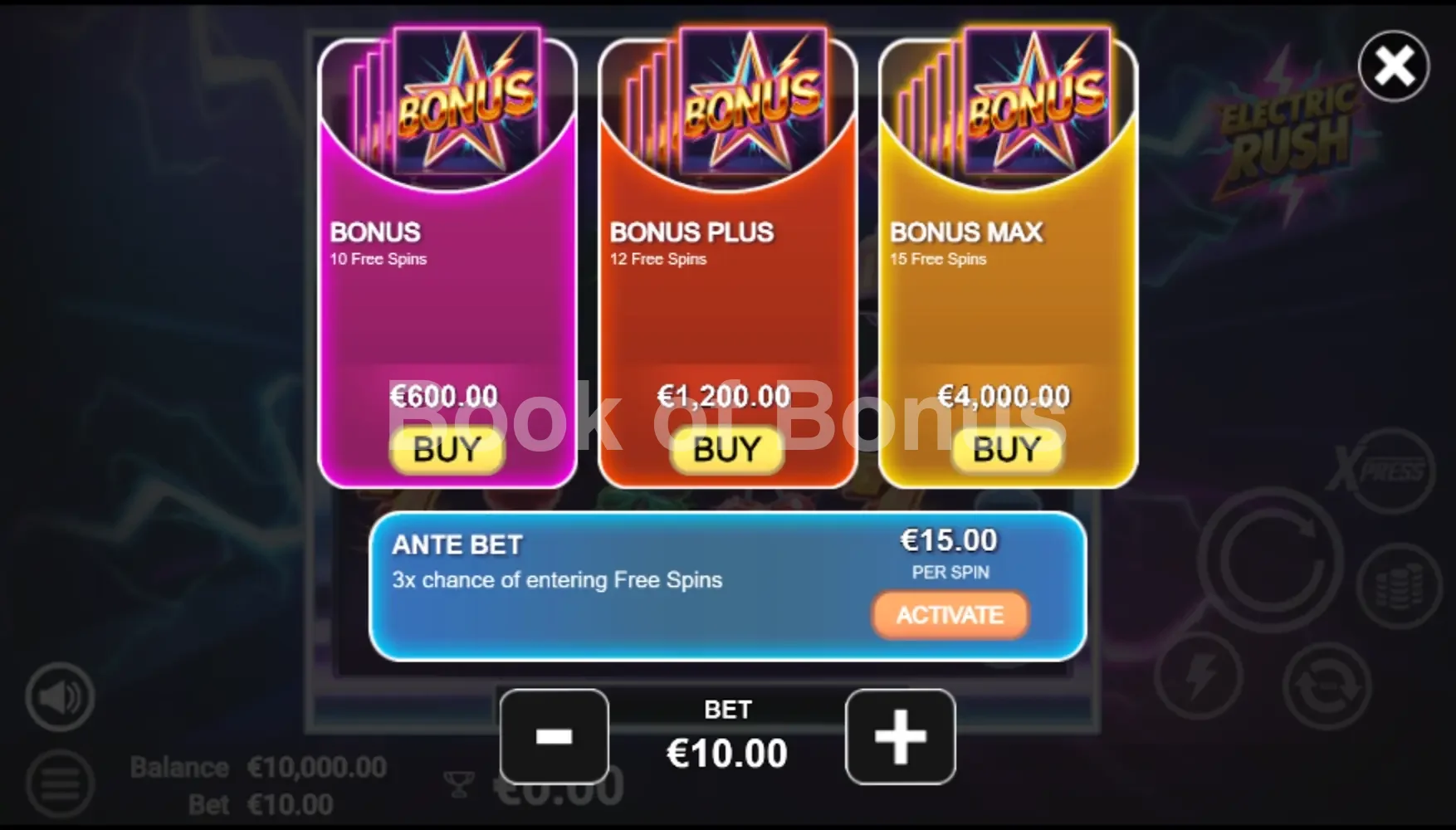 Electric Rush par Avatar UX - menu d'achat de bonus et options
