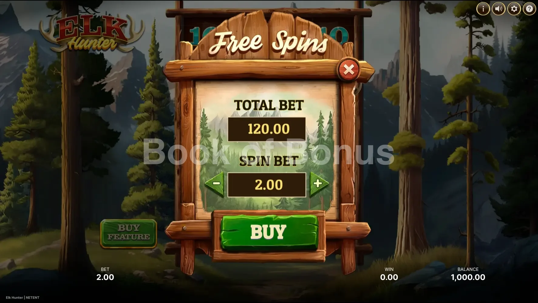 Elk Hunter par NetEnt - menu d'achat de bonus et options