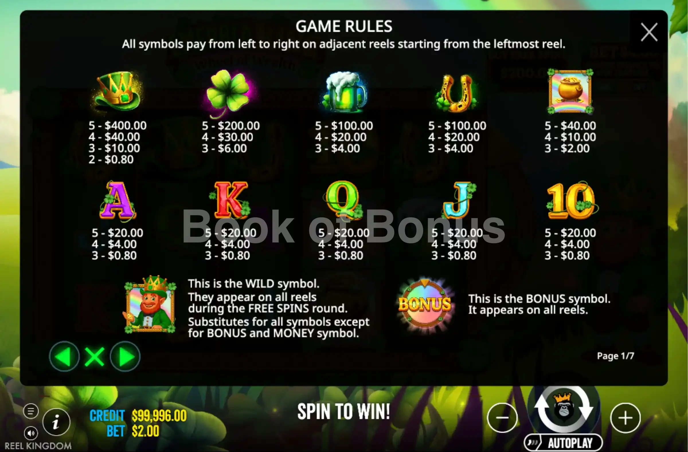 Tableau des gains Emerald King Wheel of Wealth