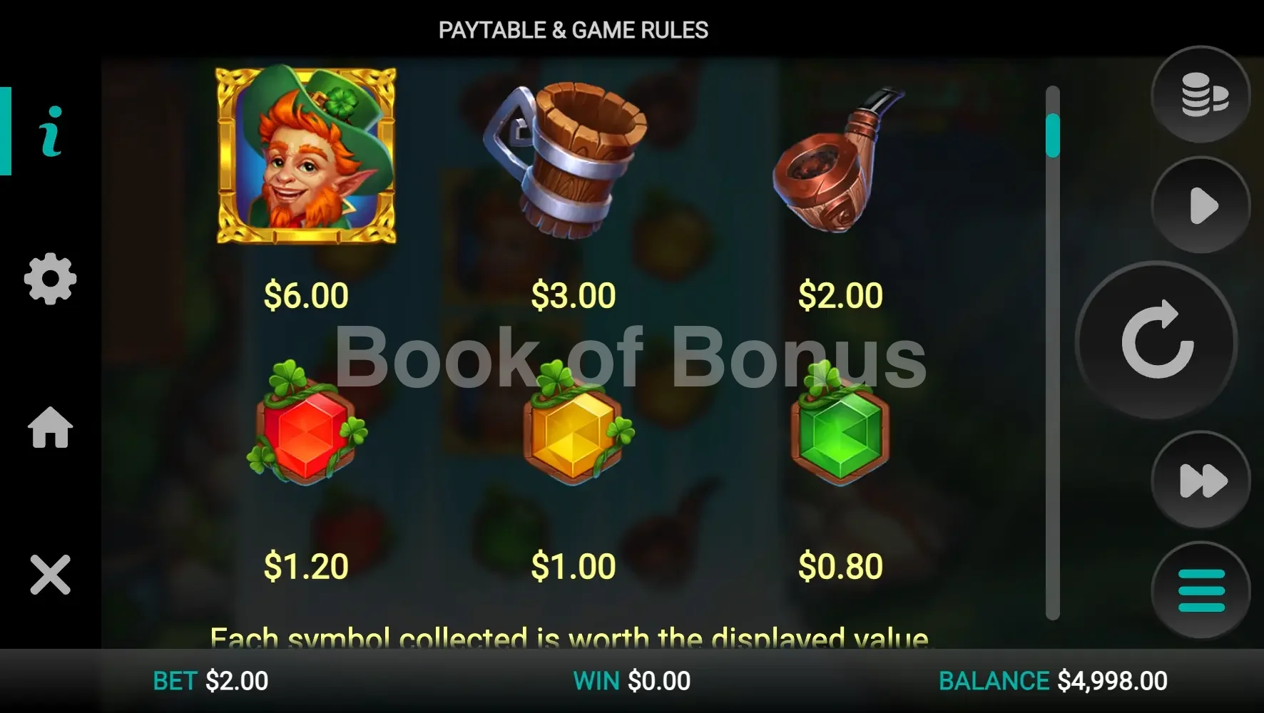 Emerald's Infinity Reels par Relax Gaming - table des gains et valeurs des symboles