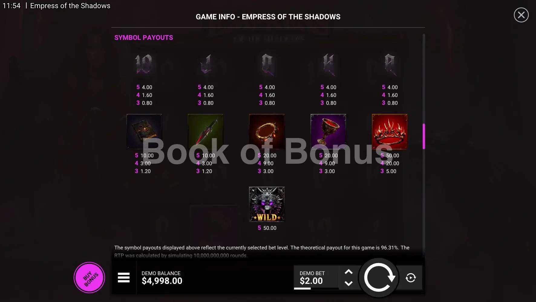 Table des gains Empress of the Shadows