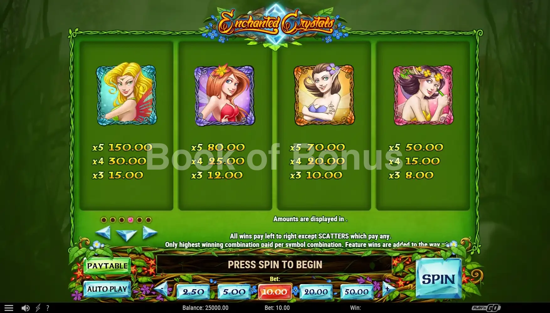 Enchanted Crystals par Play'n GO - table des gains et valeurs des symboles