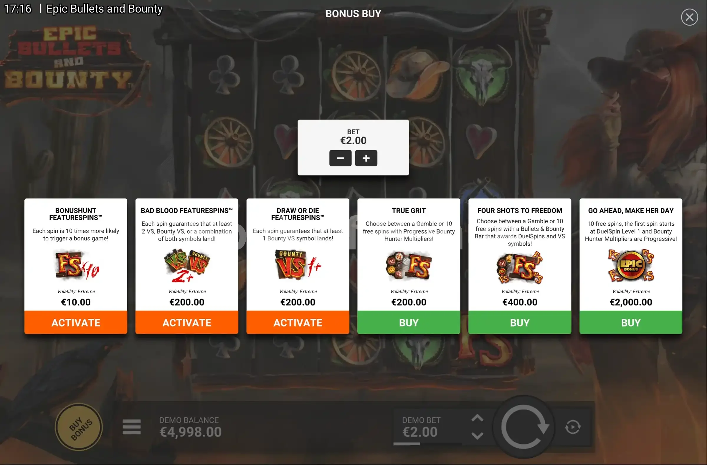 Epic Bullets & Bounty par Hacksaw Gaming - menu d'achat de bonus et options