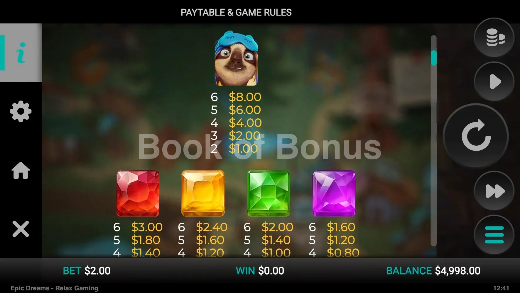 Epic Dreams par Relax Gaming - table des gains et valeurs des symboles