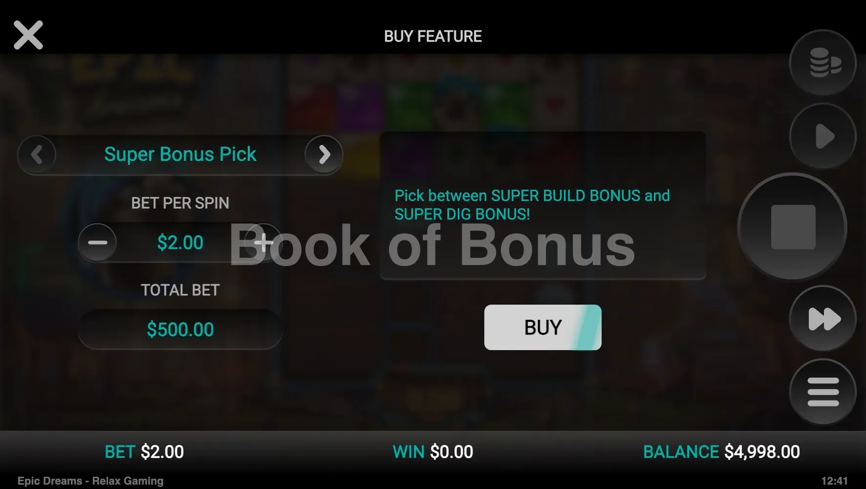Epic Dreams par Relax Gaming - menu d'achat de bonus et options