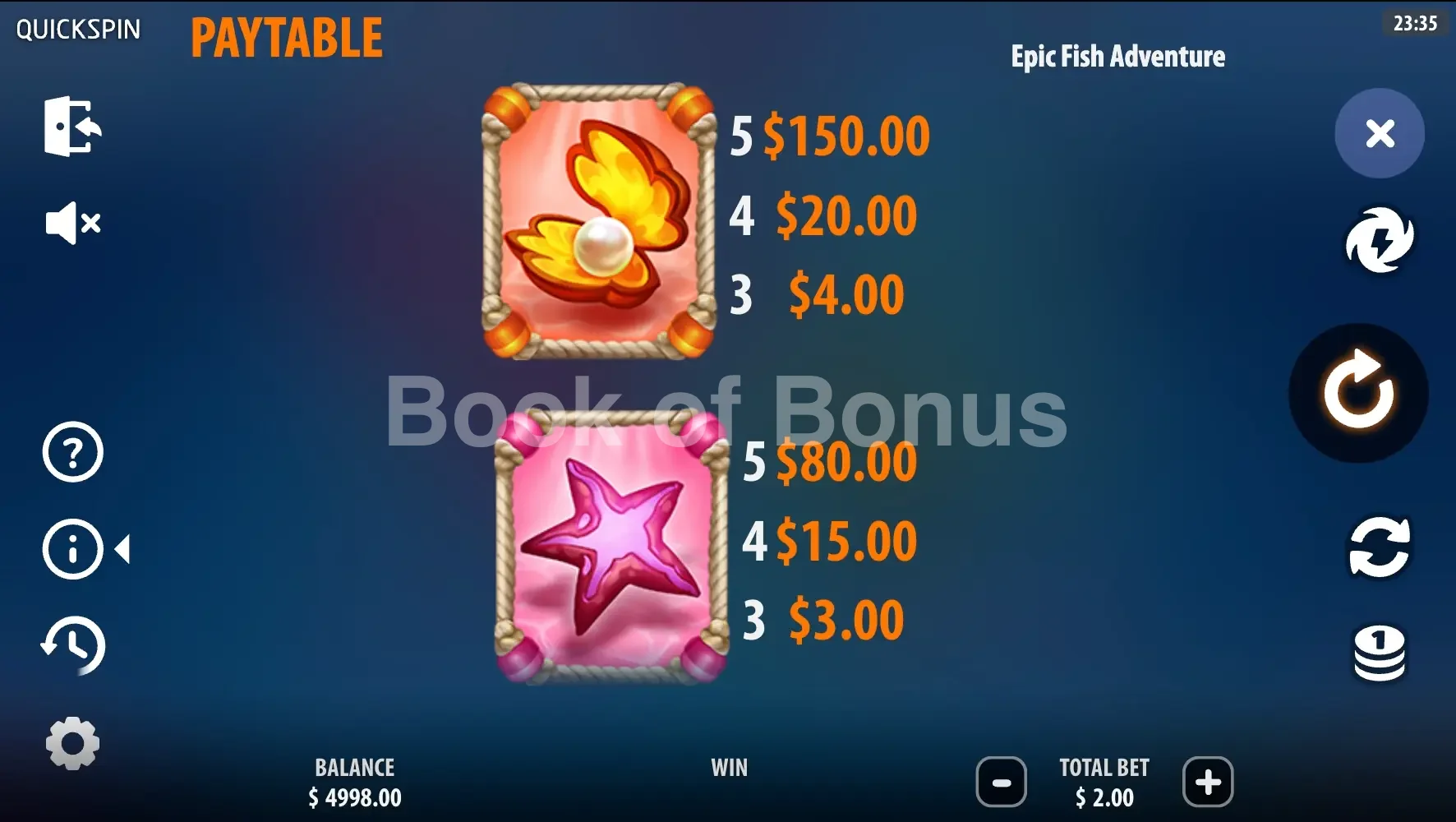 Epic Fish Adventure par Quickspin - table des gains et valeurs des symboles