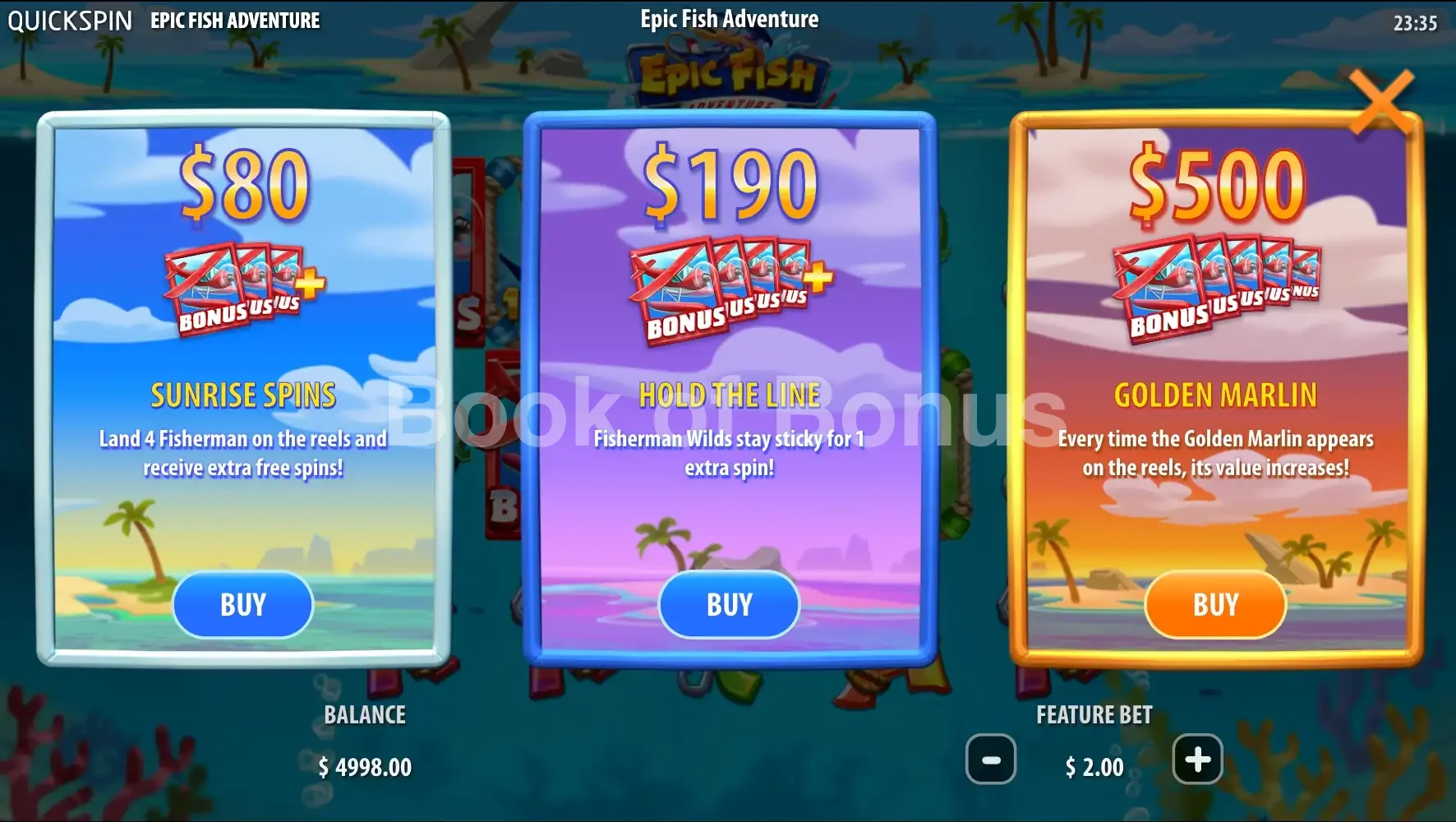Epic Fish Adventure par Quickspin - menu d'achat de bonus et options